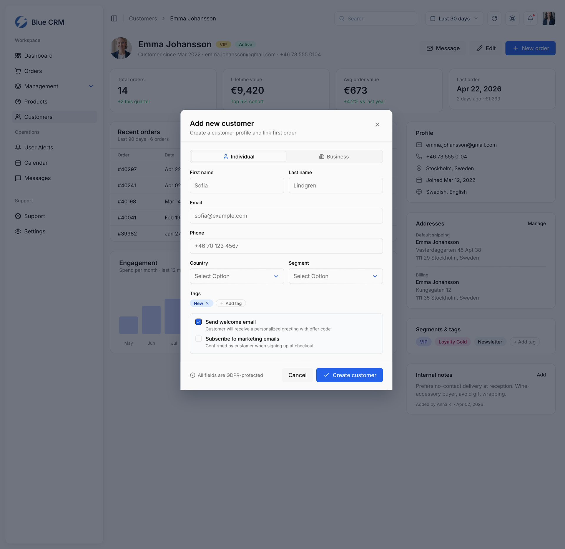 Blue CRM – add new customer modal over the customer profile page